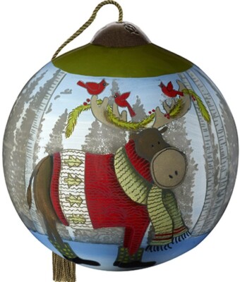 Neqwa Ne'Qwa Art Christmas Moose & Cardinals Handpainted Glass Ornament 7201113