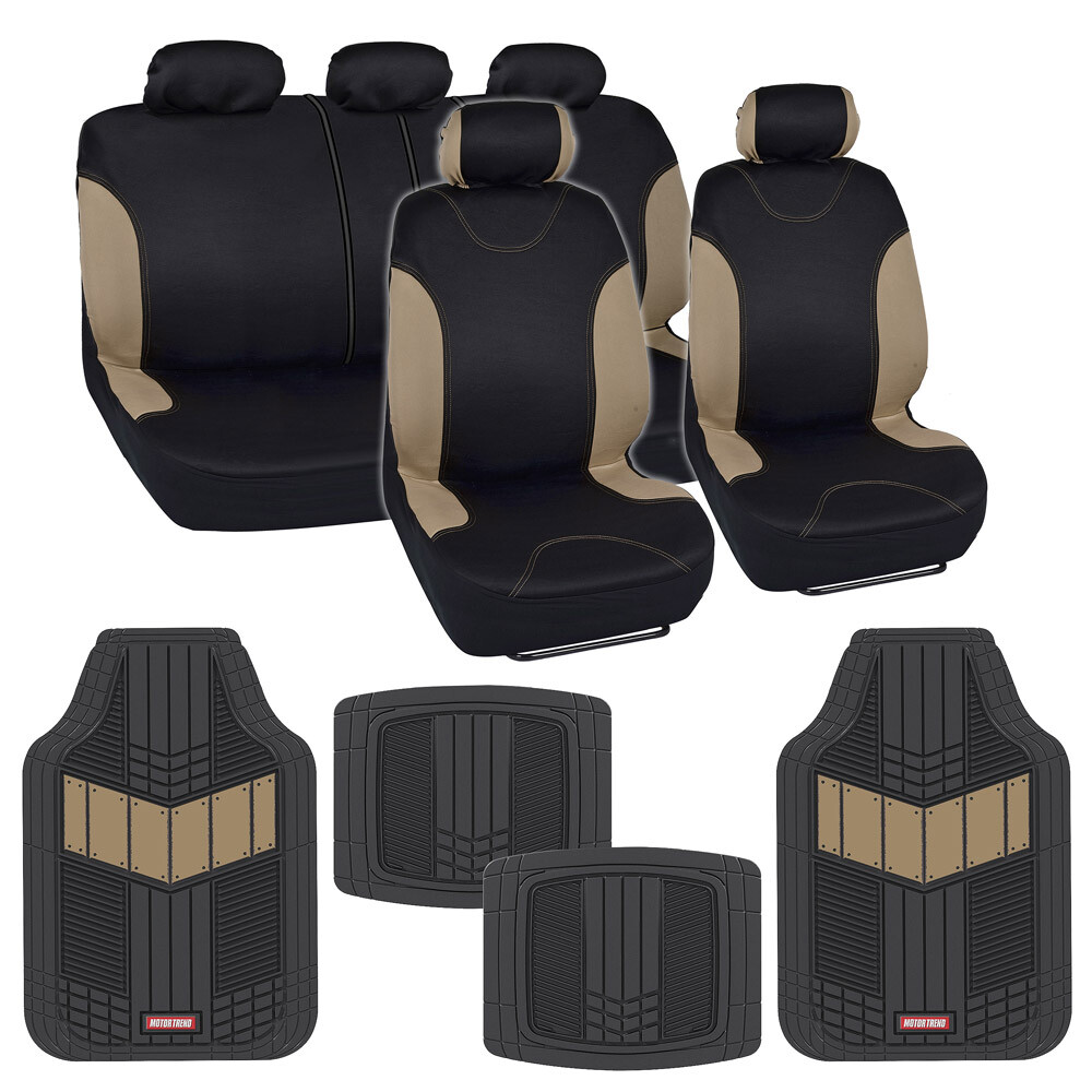 Beige and Black 13-Piece Car Seat Covers and Rubber Floor Mats Set for Sedans Trucks SUVs