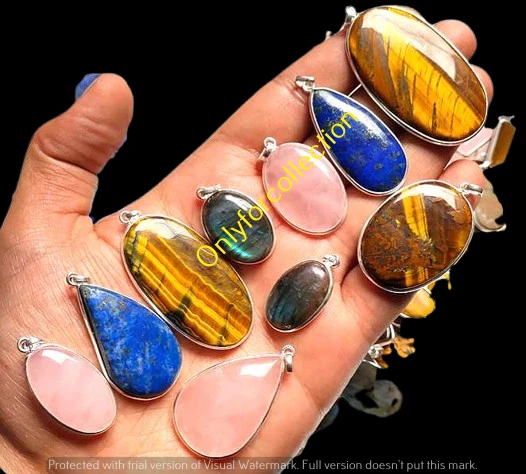 Lote de pingente folheado a prata esterlina 925 olho de tigre e mistura de pedras preciosas - Imagem 3 de 3