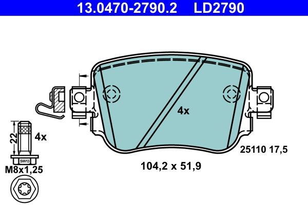 Bremsbelagsatz Scheibenbremse Hinten Ate 130470 27902 FÜR Audi Seat Skoda VW-image