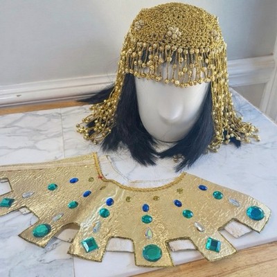 Vintage Cleopatra Costume With Golden Headdress Collar & Wig Complete Proffitts