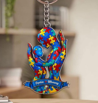 Custom Autism Puzzle Hug Keychain Personalized Acrylic Mom Child Awareness Gift