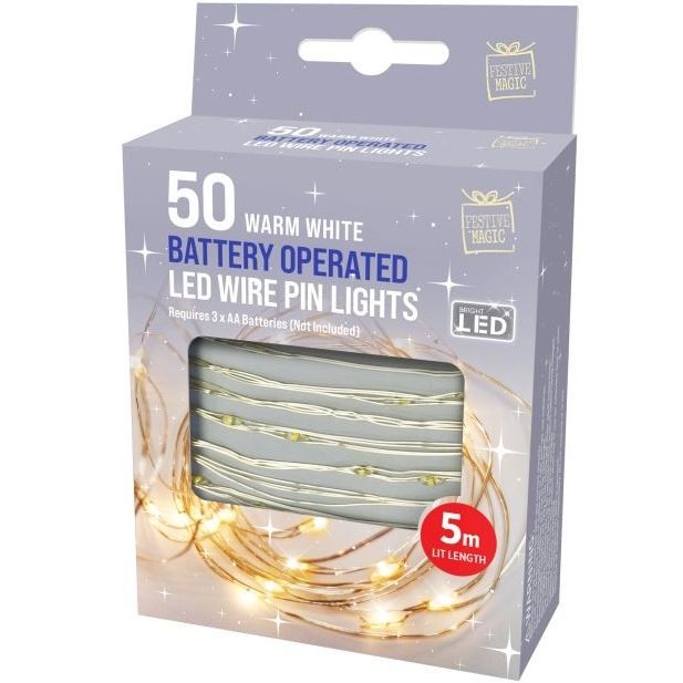 Festive Magic LED Battery Operated Wire Pin Lights 50 Warm White
