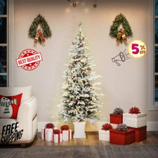Uforic 6ft Pre-Lit White Flocked Pencil Tree – 520 Tips, 150 Lights