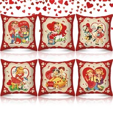 Set of 6 Valentine's Day Pillow Covers 18x18 Vintage Valentine Red Heart Love...