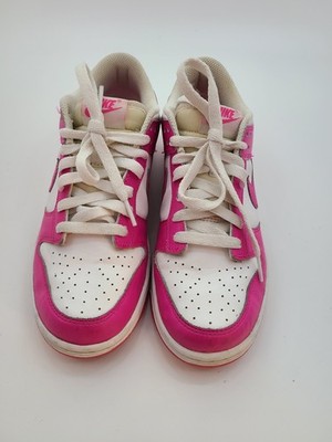 Nike Dunk Low GS Sneakers In The White/Laser Fuchsia Colorway. 7Y Women's 8.5