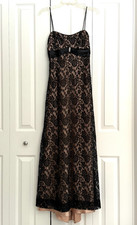 Vtg Jump Apparel Prom Maxi Dress Gown Black Lace Gold Lining Tie Back Size 3/4