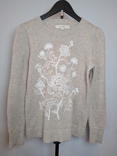 LOFT Womens Size XS Floral Embroidered Oatmeal Sweater Puffed Sleeve Cottagecore