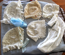 Antique Lot of 5 Baby or Doll Bonnets Ecru Crochet Lace