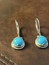 Vintage 925 Sterling Silver Turquoise Cabochon Dangle Drop Lever Back Earrings