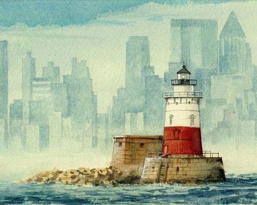 Faro Robbins Reef, Kate's Light, Nueva Jersey. Impresiones en acuarela de Gerald Hill - Imagen 2 de 2