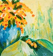 Yellow Flowers Albizia Mimosa Still Life Original Acrilic Painting on Сardboard