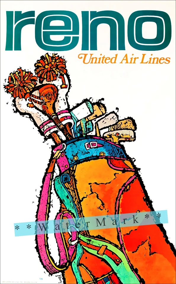 Arte de viaje estilo retro impresión póster vintage de viajes aéreos de Reno Nevada 1969 Foto 4 de 4