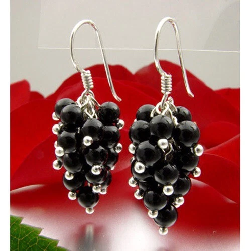 Orecchini A Forma Di Uva In Onice E Argento 925, Nero, Ø4mm, Orecchini, Donna - Immagine 2 di 2