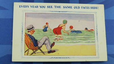 Saucy Comic Postkarte 1920er Jahre Badeschönheit Unterteil SIE SEHEN DIE GLEICHEN ALTEN GESICHTER HIER