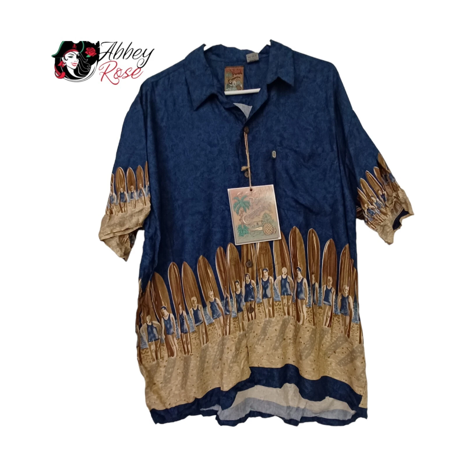 Pineapple Connection Mens Hawaiian Shirt Short Sleeve Blue Surf Scene Large