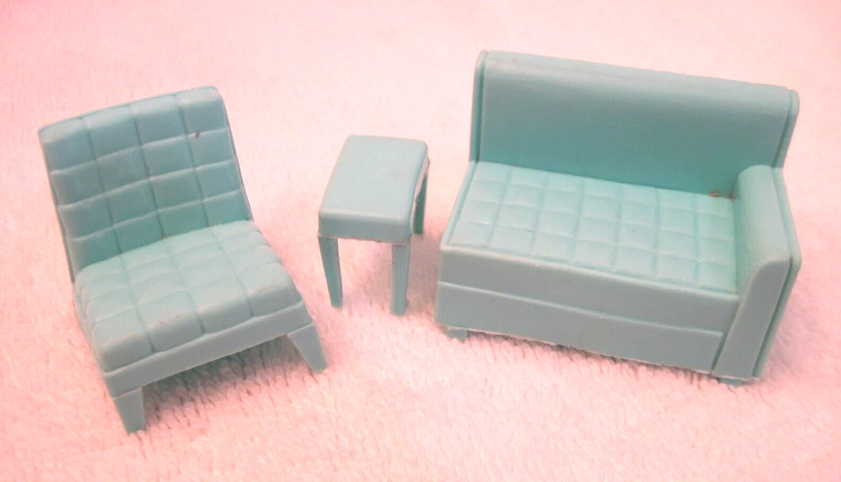 Vtg SUPERIOR Dollhouse Furniture Living Room 3pc Light Turquoise
