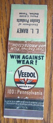 VEEDOL MOTOR OIL GAS 1940s MATCHBOOK MATCHCOVER: E.L. RANEY (DALLAS, TEXAS) -E28