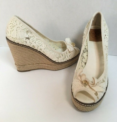 Tory Burch Jackie Lona Alpargata Cuña de Encaje Floral Blanco Talla 8 M |  eBay