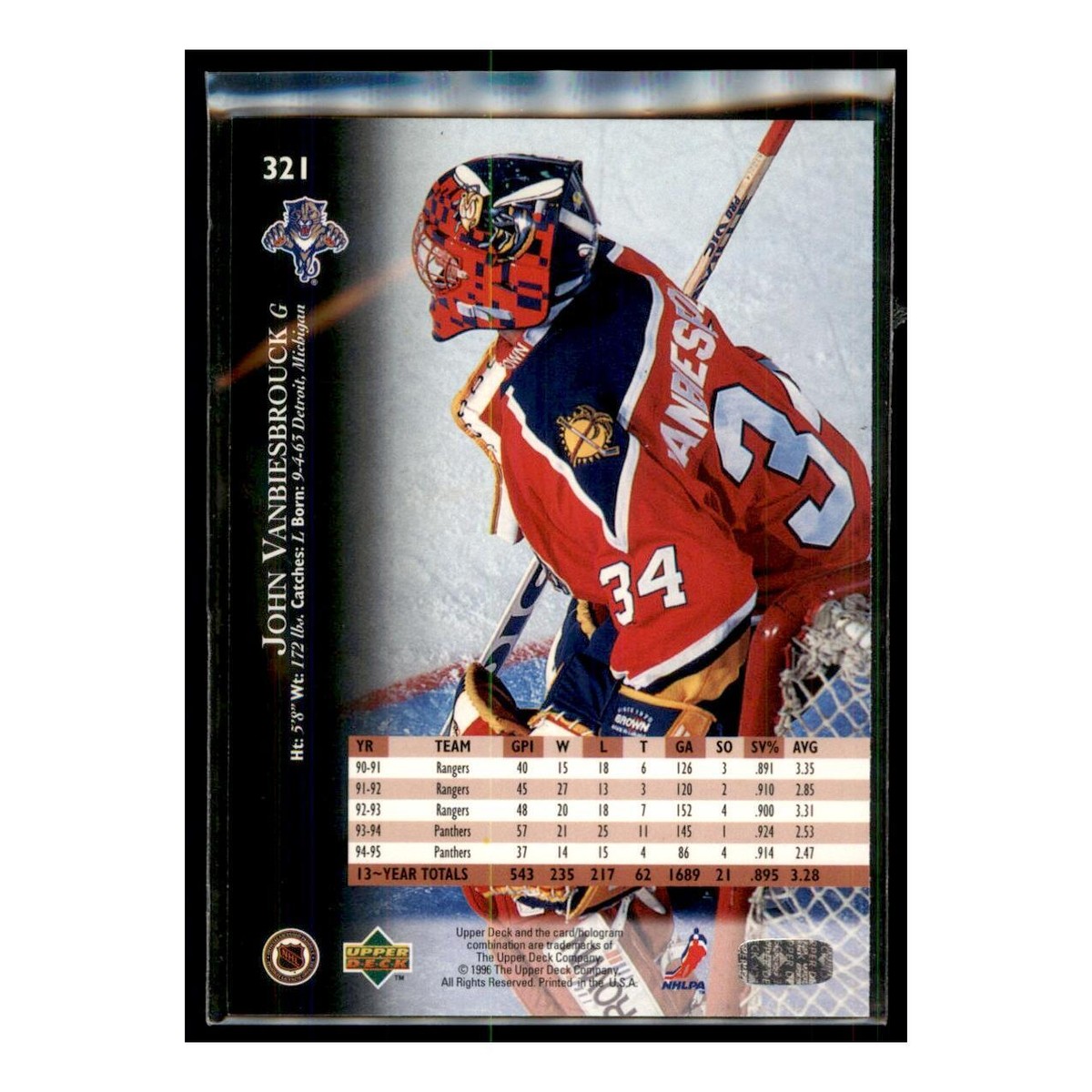 1995 Upper Deck #321 John Vanbiesbrouck Florida Panthers Hockey