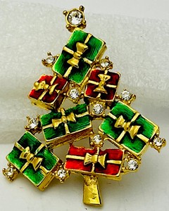 Authentic Signed Lia Lianna Vintage 1990s Gold Plated Enamel Tree Christmas Pin Brooch