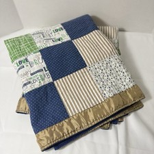 Handmade Baby Boy Blanket Quilt 51 x 51 Khaki Satin Trim Navy Minky Dot Back