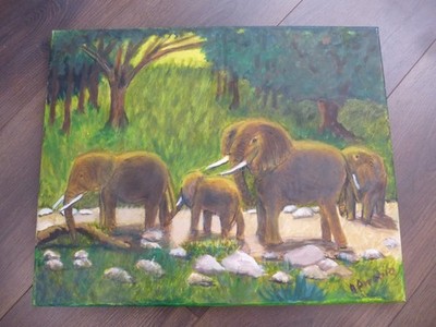 Original Oil Painting ELEPHANTS Wildlife Beginner Naive artist Child decor Vtg