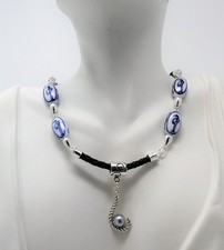 Vintage Japanese Sandpiper Porcelain Handcrafted Blue Akoya Pearl Necklace OOAK