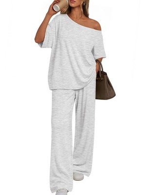 Trendy Queen Womens 2 Piece Lounge Sets Oatmeal Grey M Trd1863