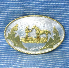 Western Horse  Rider Belt Buckle Filigree Scroll Equestrian Vtg Alpaca .CPA958