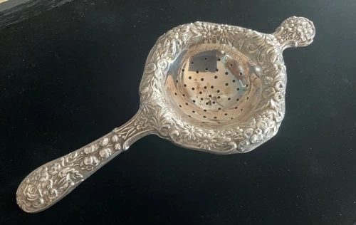 Antique S. Kirk & Son  7" Sterling Silver Repousse Tea Strainer