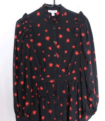 Topshop Black/Red Star Print Shirt Dress, Long Sleeves, Size Uk 6 - Picture 3 of 10