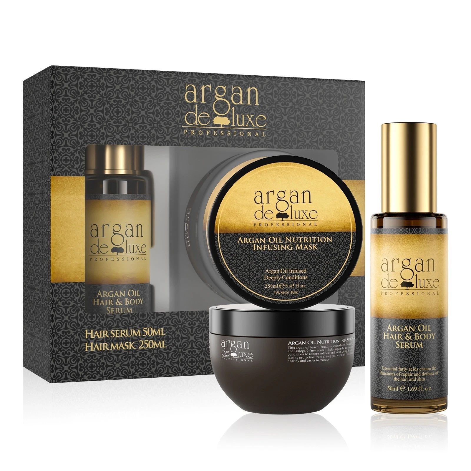 argan de luxe professional hair mask and hair oil & body serum set.