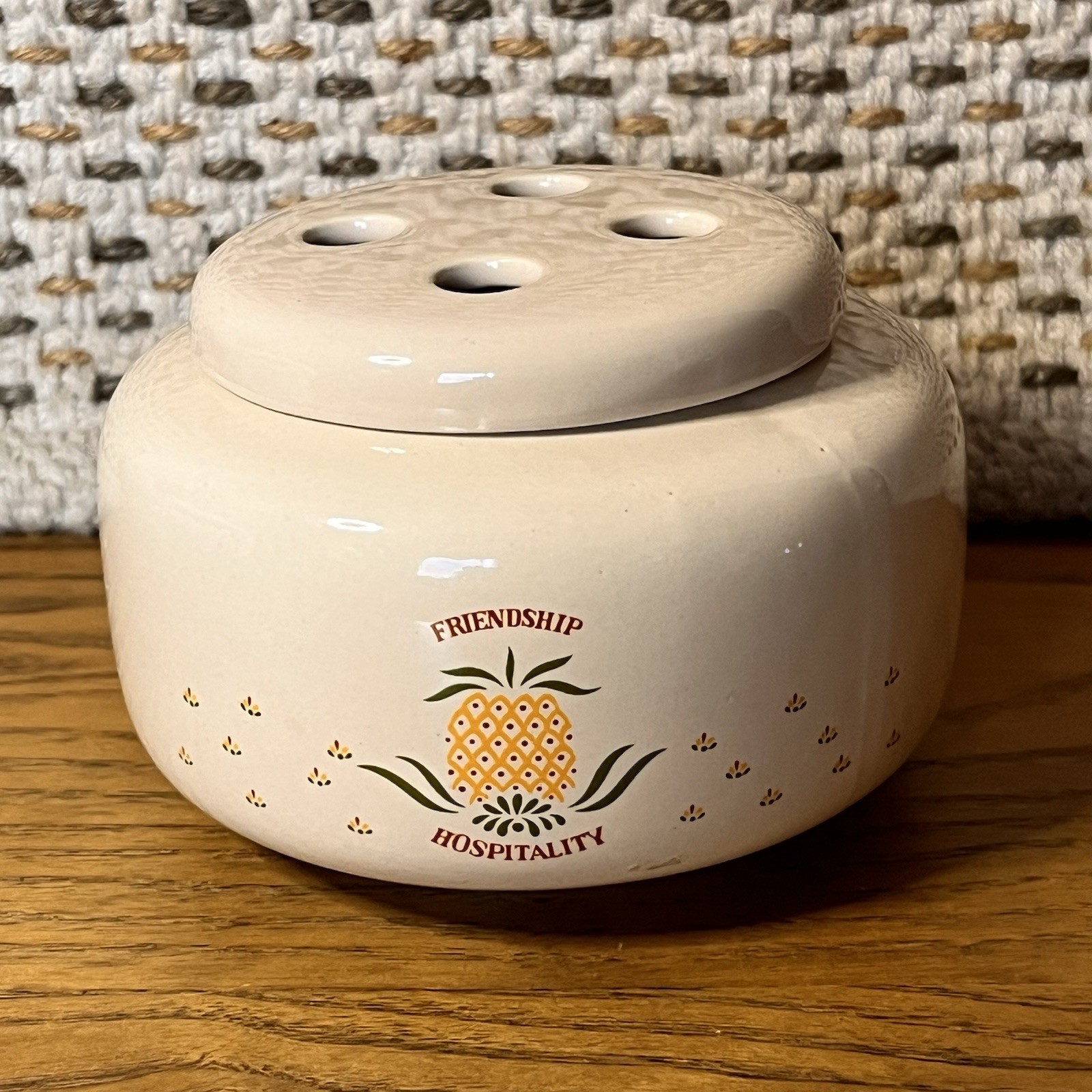 Vtg Potpourri/ Flower Frog Vase USA Pottery Beige Pineapple Decor Cottagecore