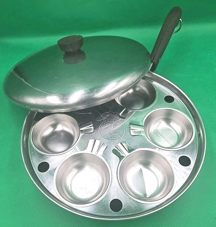 RARE VINTAGE REVERE WARE PRE 1968 10" SKILLET plus EGG POACHER 6 CUPS & LID