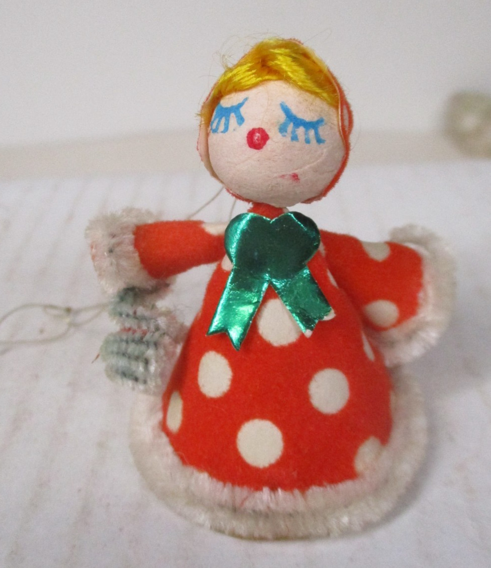 Vintage Christmas Japan Polka Dot Spun Cotton Head Girl Ornament