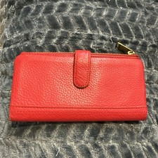 Vintage Fossil Leather Wallet Red Card Organizer Pebble Bifold Two Zipper Pocket