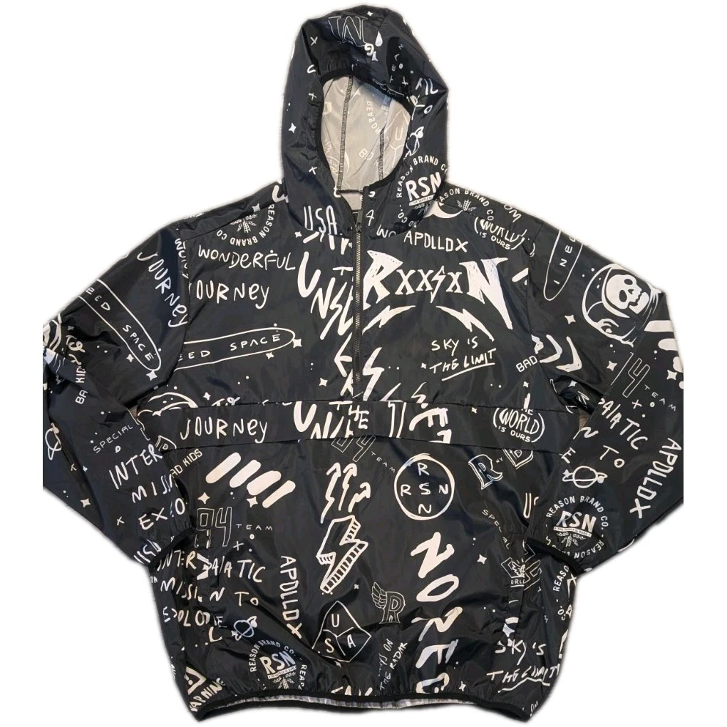 Vtg Reason 2XL Windbreaker Streetwear Pocket NO REGRETS Skulls Y2K 90s Spell Out