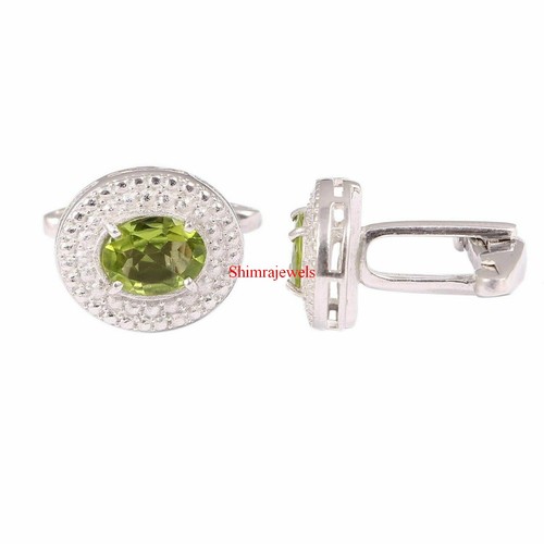 Natural Peridot Sapphire With 18K White Gold Plated Silver Cufflinks #16 - Picture 10 of 12