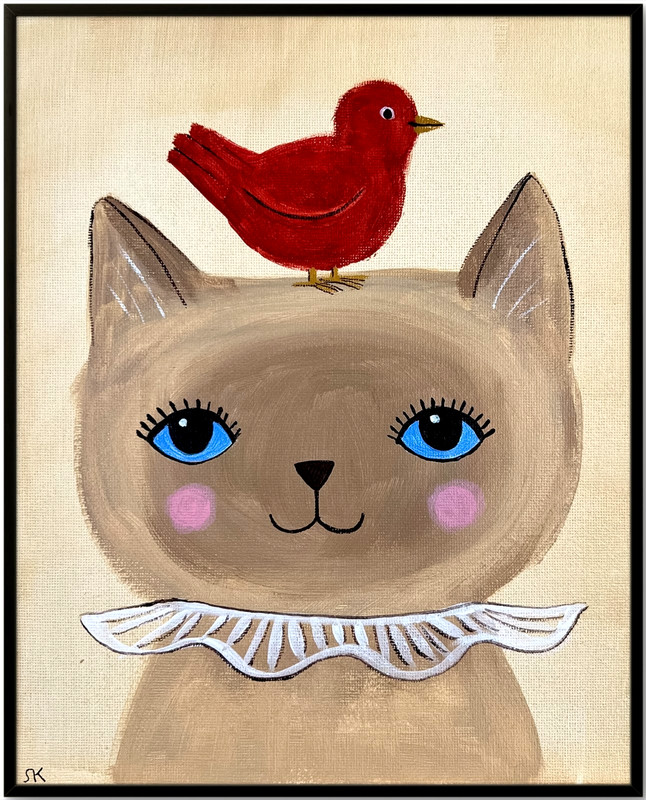 Siamese Cat with Bird Portrait Painting, Whimsical Cat Art 8x10