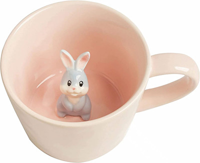 Rabbit Ceramic Cup Hidden 3D Animal inside Mug,Cute Cartoon Bunny Handmade Figur