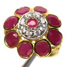 Gemstone Red Ruby White Zircon Jewelry Ring 925 Silver 18K Gold Size 7.75