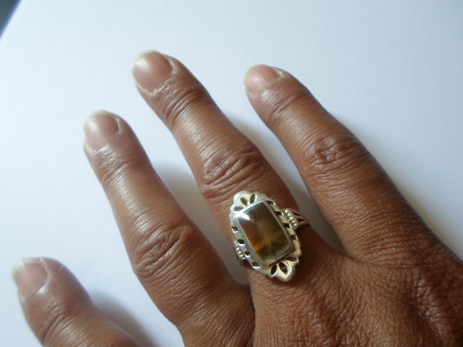 solid silver ring, tiger eye rectangle, openwork … - image 1