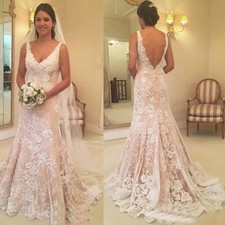 Champagne Mermaid Wedding Dresses V Neck Backless Lace Appliques Bridal Gowns