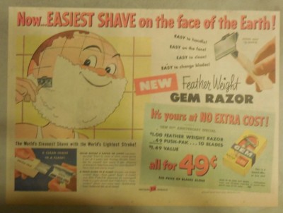 Gem Razor Ad: Easiest Shave on Earth from 1950's Size; 11 x 15 inches ...