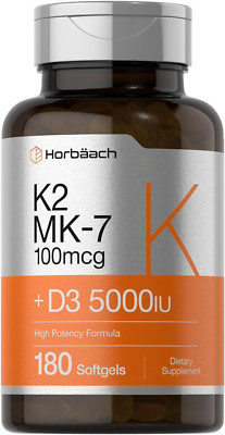 Horbäach Vitamin D3 K2, 5000IU of Vitamin D & 100mcg MK-7 Complex, 180 Capsules