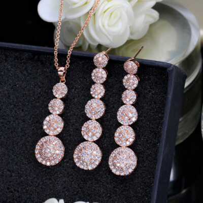 Rose Gold Plated Long Dangle Earrings and Necklace Women