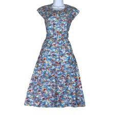 Vintage 80s Sleeveless Blue Yellow White Umbrella Patterned Midi Summer Dress 12