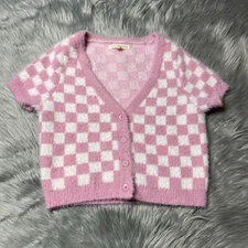L.A. Hearts Young Womens Pink White Checkered Fuzzy Short Sleeve Cardigan