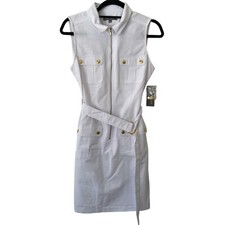 Sharagano Dress White Party Sleeveless Belted Gold Accents Womens 8 Classic NWT